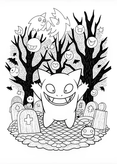 A coloring page of Gengar in the Wild: A Spooky Coloring Adventure