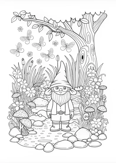 A coloring page of Gnome Adventure Coloring Page