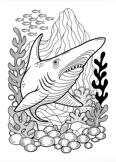 A coloring page of Ocean Adventure with the Great White Shark