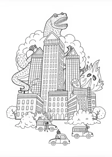 A coloring page of Godzilla Takes Over the City Coloring Page