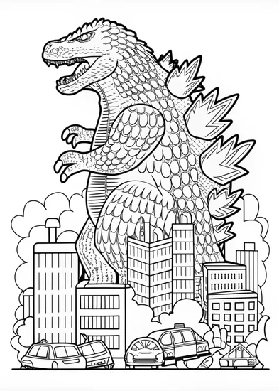 A coloring page of Godzilla Rampage in the City
