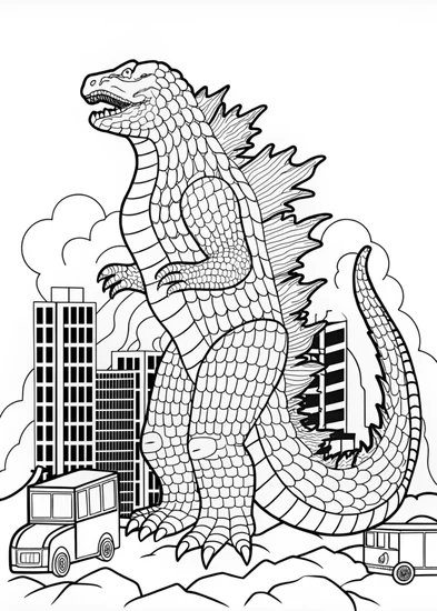 A coloring page of Coloring Page of Godzilla in Action