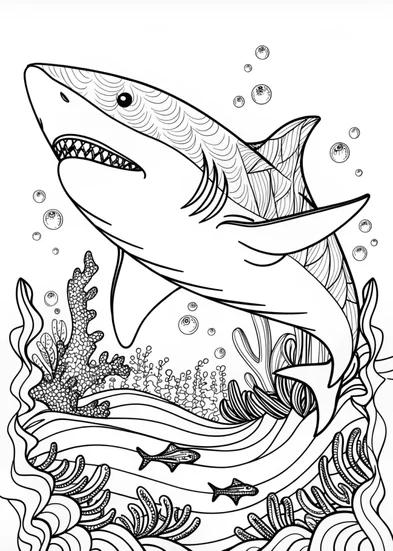 A coloring page of Shark Swimming Through Ocean Waves