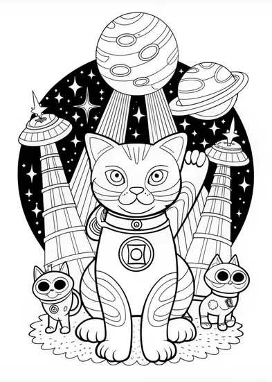 A coloring page of Luna the Cat in a Scenic Landscape