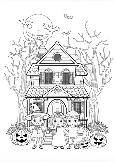 A coloring page of Haunted Jack O’ Lantern and Witch Coloring Page
