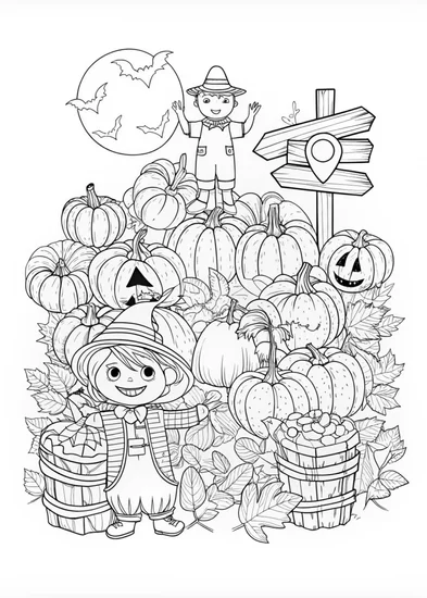 A coloring page of Halloween Pumpkin Patch Fun