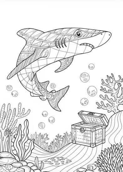 A coloring page of Shark Adventure in the Ocean Depths