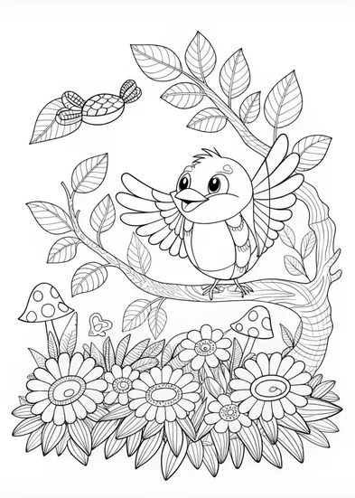 A coloring page of Happy Bird and the Wiggly Worm