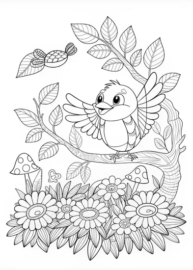 A coloring page of Happy Bird and the Wiggly Worm