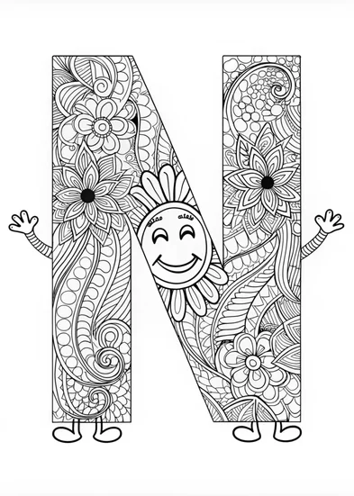 A coloring page of Happy Letter N Coloring Page