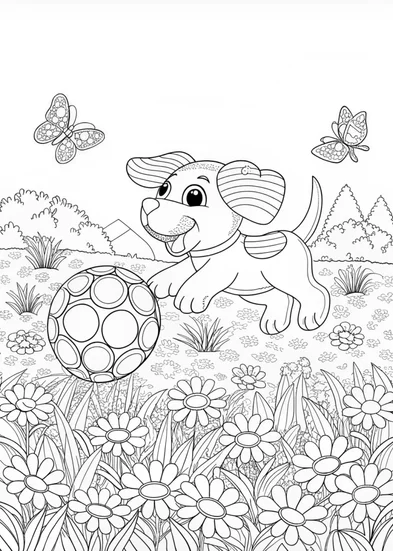 A coloring page of Happy Puppy Playing with a Toy Ball
