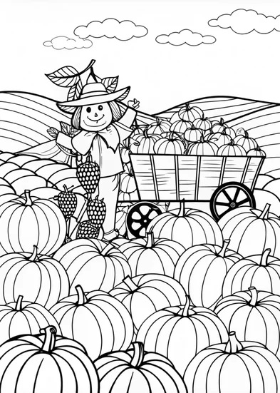 A coloring page of Harvest Time in the Pumpkin Field