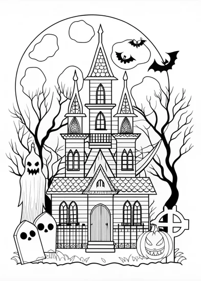 A coloring page of Haunted Halloween Mansion and Spooky Ghosts