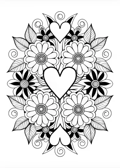A coloring page of Hearts and Flowers Mandala Coloring Page