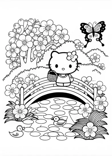 A coloring page of Hello Kitty’s Peaceful River Adventure