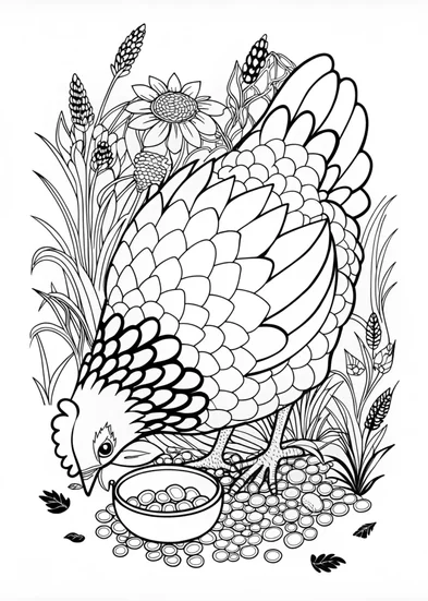 A coloring page of Hen Eating Seeds – Intricate Coloring Page