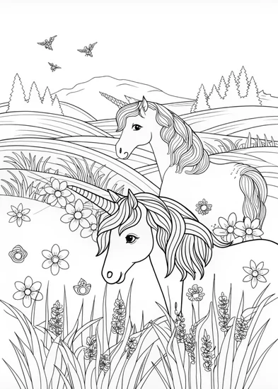 A coloring page of Enchanted Unicorn Gathering in Mystical Forest