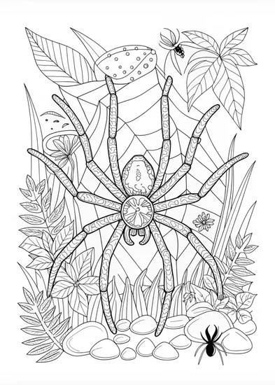 A coloring page of Giant Spider in the Wilderness Coloring Page