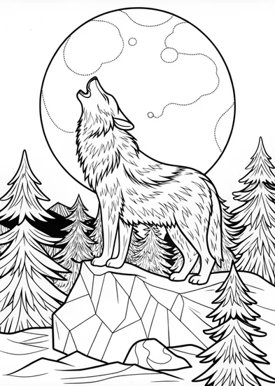 A coloring page of Howling Wolf Under the Full Moon
