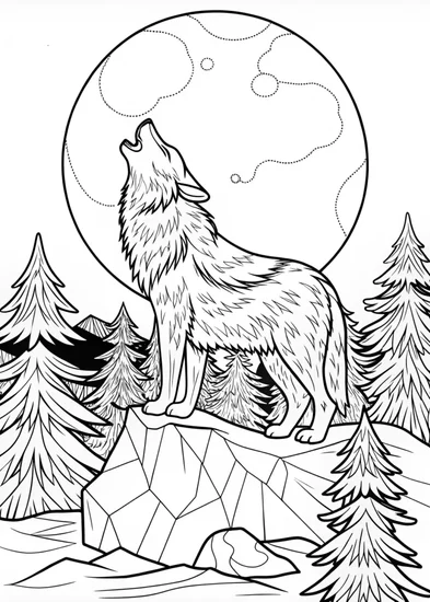 A coloring page of Howling Wolf Under the Full Moon
