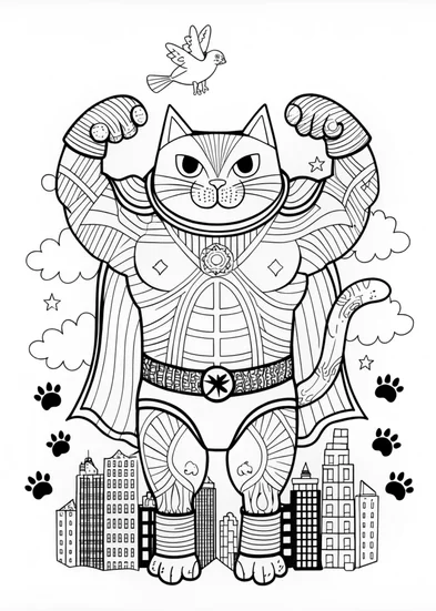 A coloring page of Majestic Muscular Cat on the Mountain