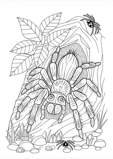 A coloring page of Spider Adventure by the Lake