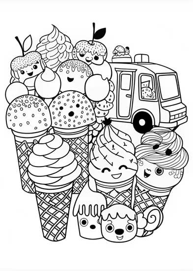 A coloring page of Sweet Ice Cream Treats with Smiley Scoops