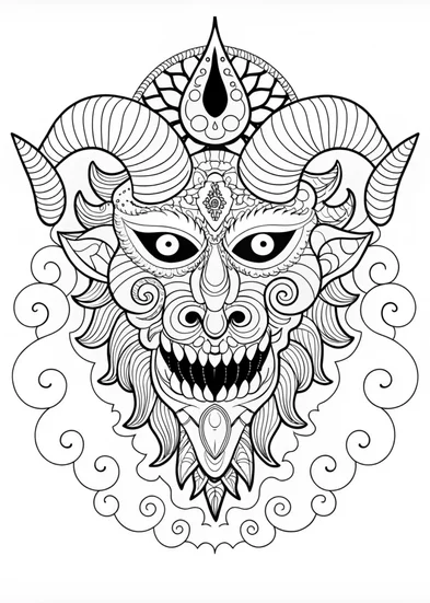 A coloring page of Intricate Demon with Ram Horns Coloring Page