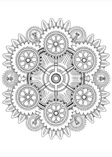 A coloring page of Intricate Mechanical Mandala