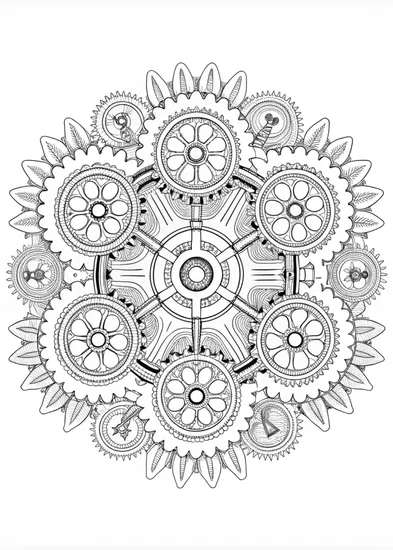 A coloring page of Intricate Mechanical Mandala