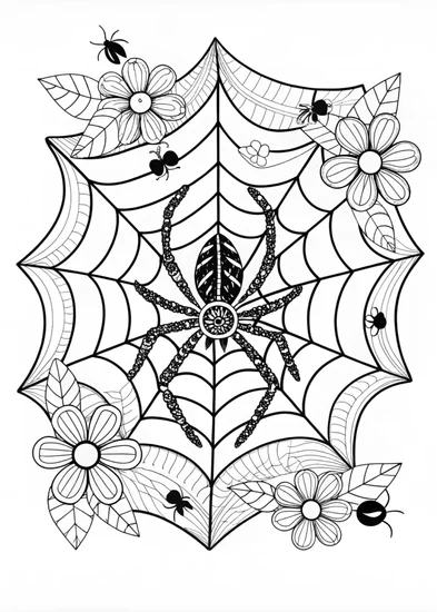 A coloring page of Intricate Spider Web and Spider Design Coloring Page