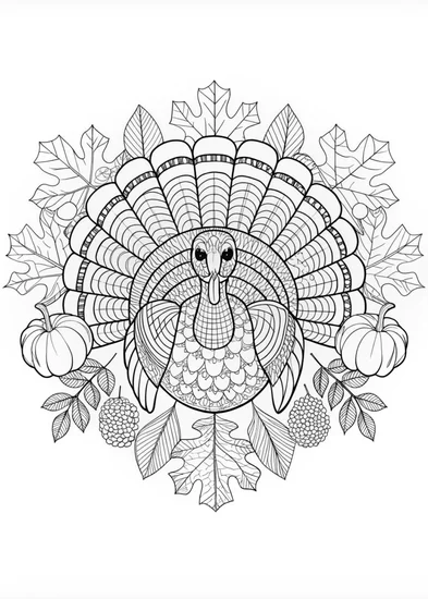 A coloring page of Intricate Thanksgiving Turkey with Fall Leaves