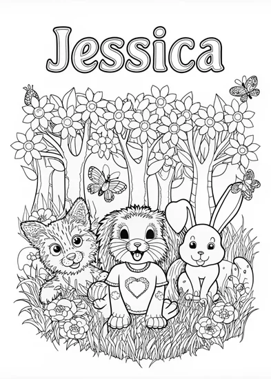 A coloring page of Jessica’s delightful animal pals coloring page