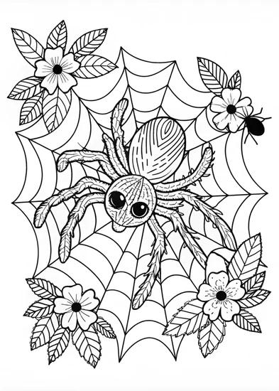 A coloring page of Spider Crawling in Front of Mountains Coloring Page