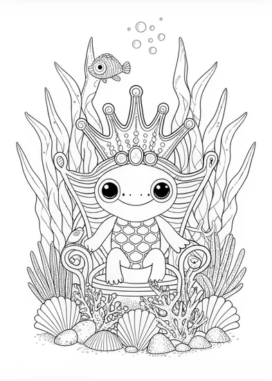 A coloring page of King Axolotl in His Royal Crown