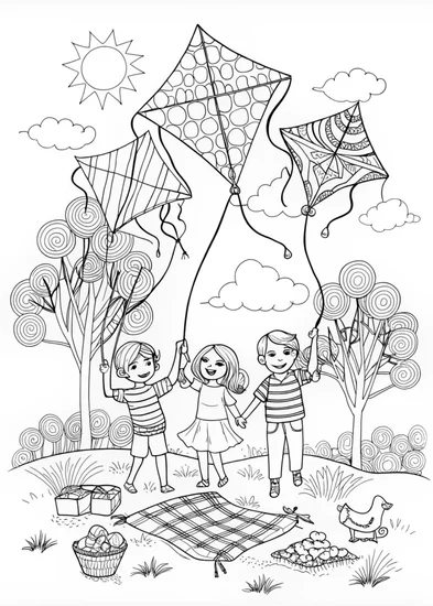 A coloring page of Kite Flying Fun: Kids Enjoy a Breezy Afternoon