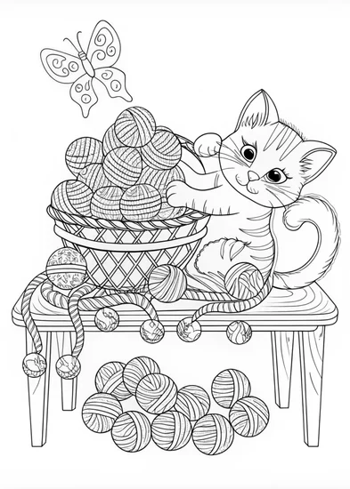 A coloring page of Kitty with Yarn: A Fun Coloring Adventure