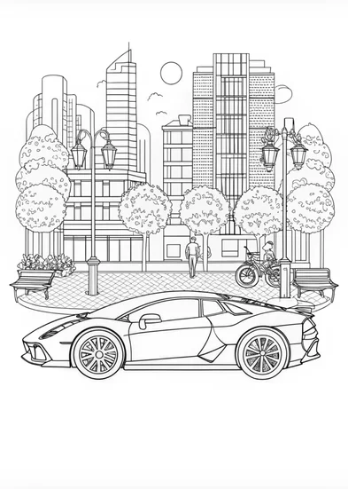 A coloring page of Lamborghini in the City: An Urban Coloring Adventure
