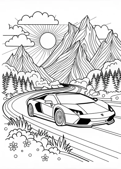 A coloring page of Lamborghini on a Scenic Mountain Drive Coloring Page
