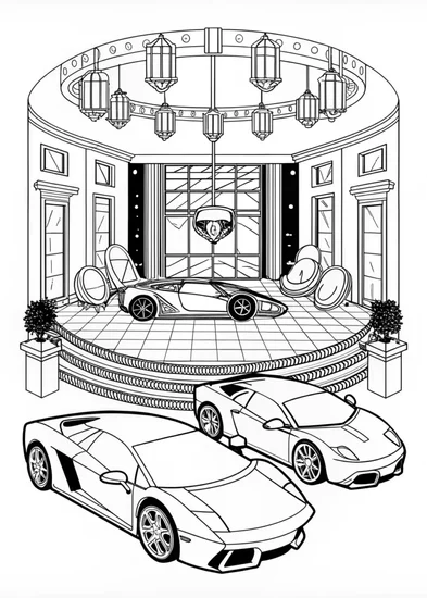A coloring page of Lamborghini Showroom Bliss