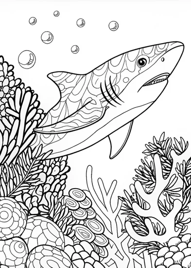 A coloring page of Underwater Adventure with Great White Sharks