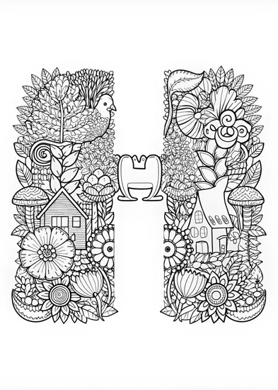 A coloring page of Letter H Doodle Wonderland