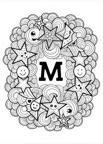 A coloring page of Letter M Coloring Fun with Stars and Clouds