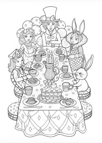 A coloring page of Mad Hatter’s Whimsical Tea Party Coloring Page