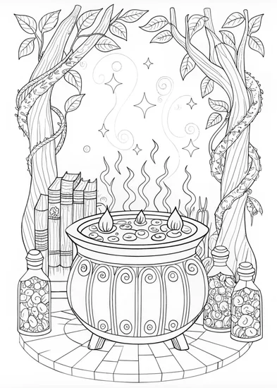 A coloring page of Magical Cauldron of Swirling Potions