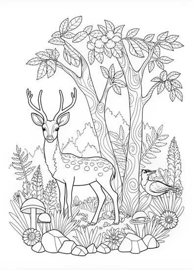 A coloring page of Majestic Deer in an Enchanted Forest