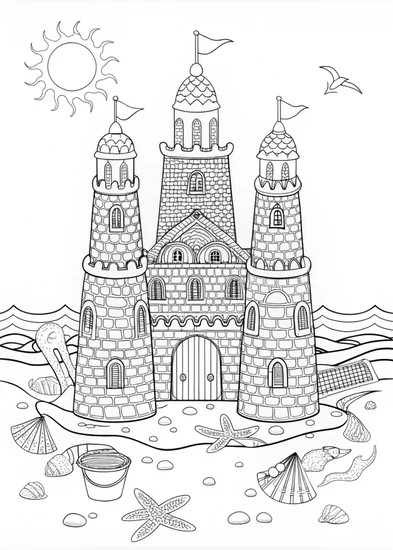 A coloring page of Majestic Sandcastle by the Sea