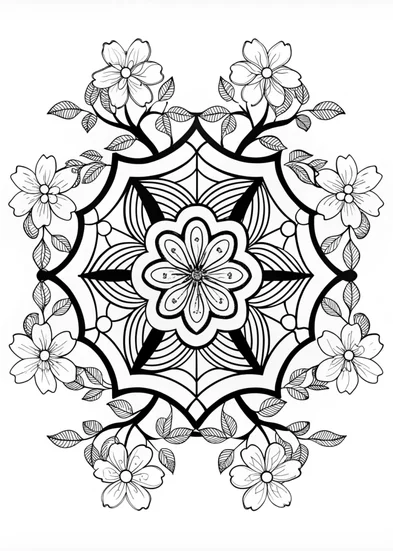 A coloring page of Mandala and Cherry Blossom Coloring Page