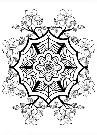A coloring page of Mandala and Cherry Blossom Coloring Page