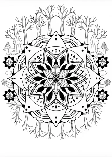 A coloring page of Mandala in the Enchanted Forest